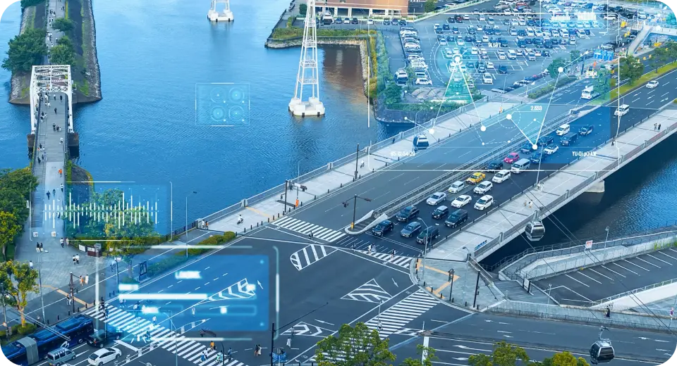 上空から道路を走る車両をAIで検知する交通システムのイメージ